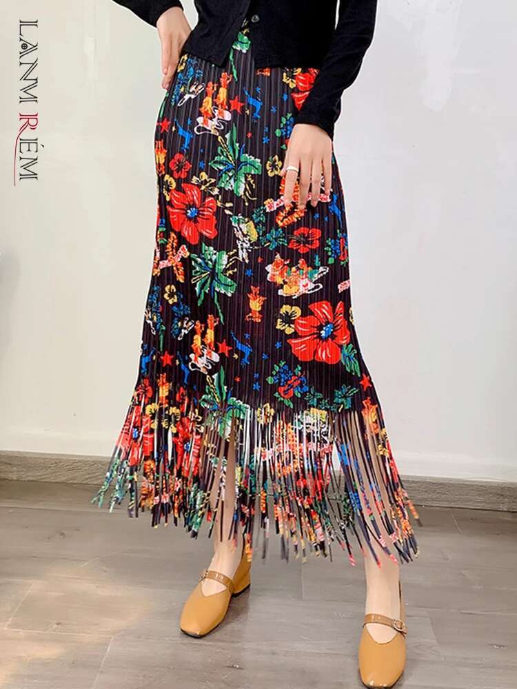 LANMREM-Jupe plissée à fleurs pour femmes, vêtement féminin, taille haute élastique, nouvelle collection printemps 2025, 2YA882