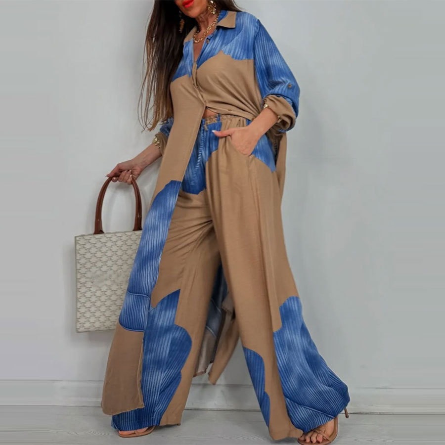 Mode ample imprimé 2 pièces ensemble femmes simple boutonnage Cardigan Robe pantalon à jambes larges décontracté deux pièces tenue femme Robe