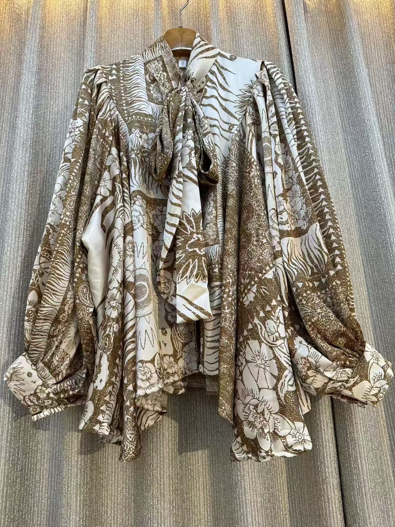 2025 nouveau Chic mode piste automne à lacets imprimé Blouses décontractées pour les femmes arc élégant lâche lanterne à manches longues chemise de fête