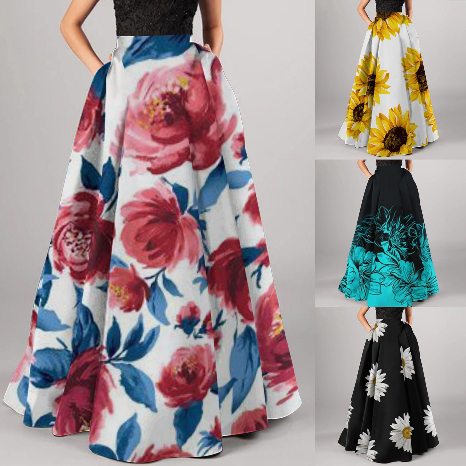 Bohème imprimé fleuri jupes Maxi pour les femmes taille haute fête plage poche longues jupes plissées pour les femmes grande taille Юбка Ж Dönalı