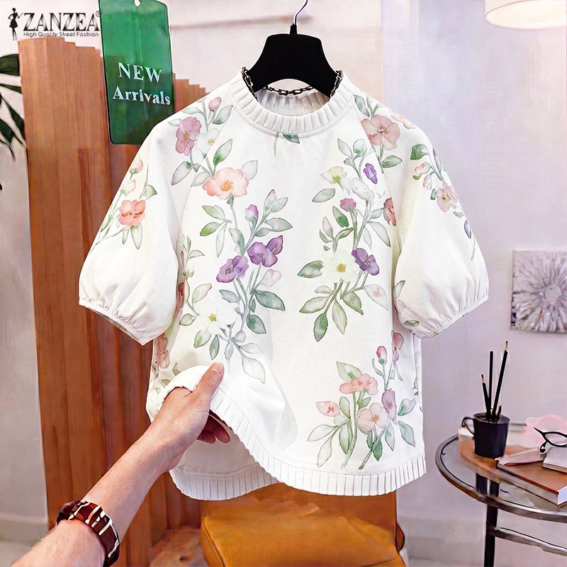 ZANZEA – hauts à volants pour femmes, chemisier imprimé floral, manches courtes bouffantes, style coréen, Bluasa, tunique décontractée et élégante, imprimé patchwork, été