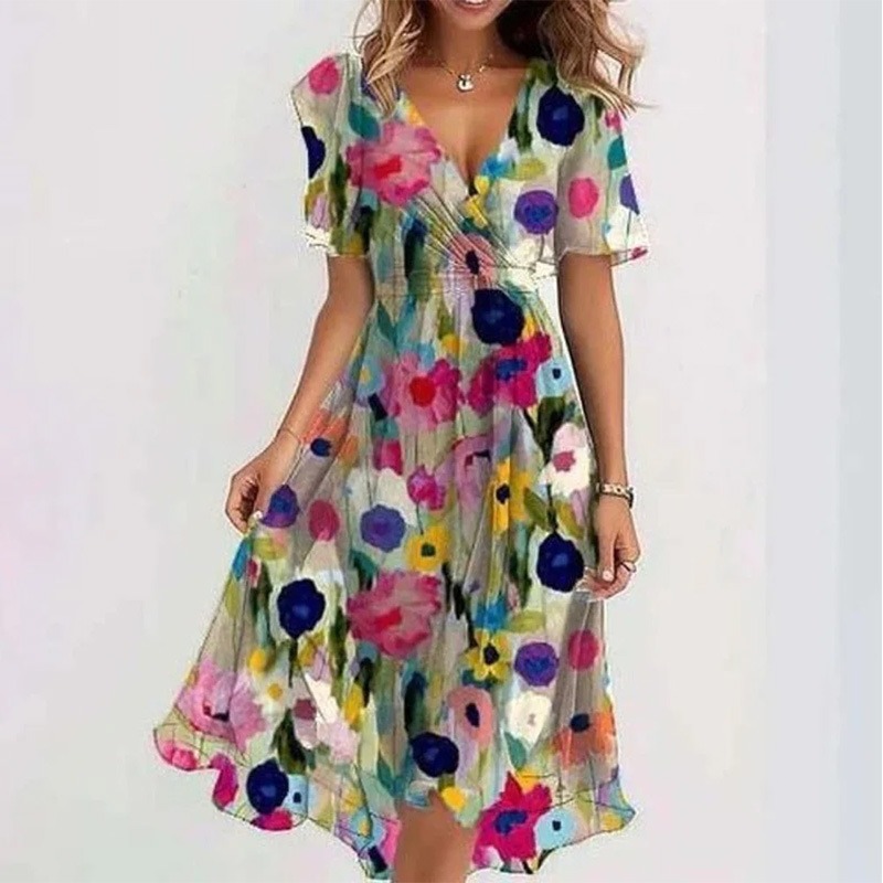 Robe imprimée élégante et tendance pour femme, longueur genou, nouvelle collection 2026, décontractée, ample, col en V, motif floral, robe imprimée femme