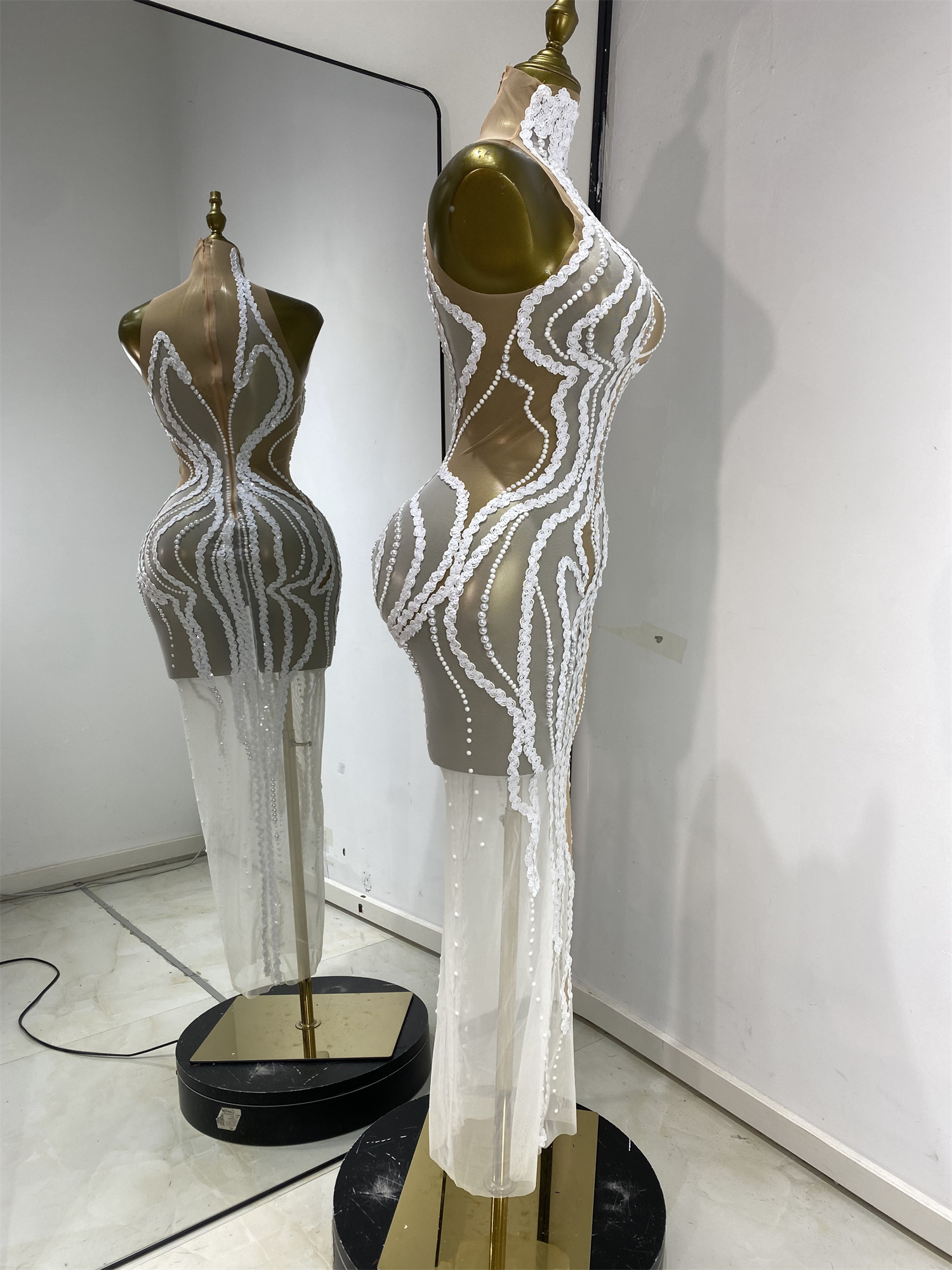 Robe de soirée pour femme, sexy, à paillettes, perles, transparente, longue, pour anniversaire, boîte de nuit, séance photo, soirée