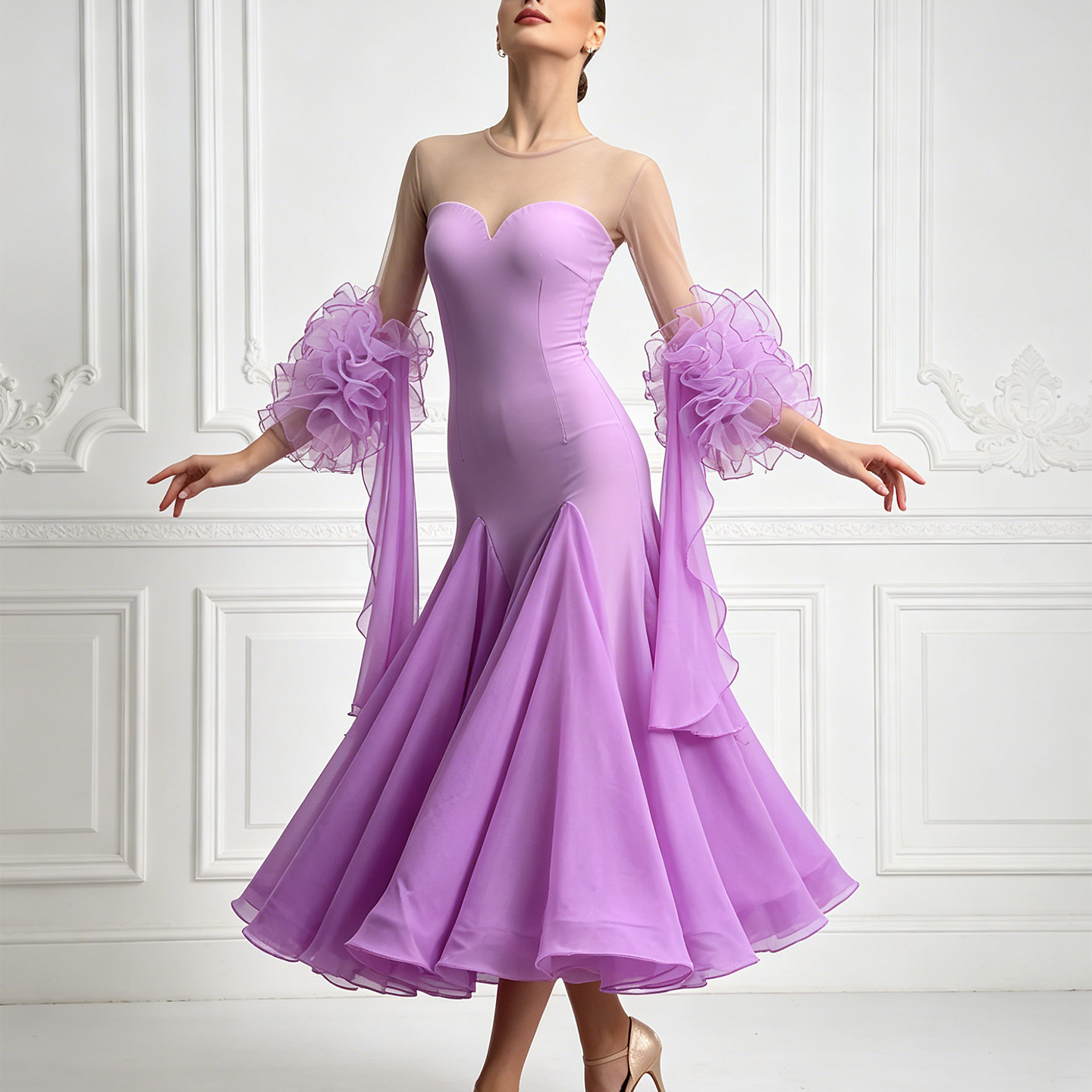 Nouvelle robe de danse de salon pour femmes, tenue de danse standard moderne, vêtements de compétition de valse, robes de performance à manches longues avec plumes