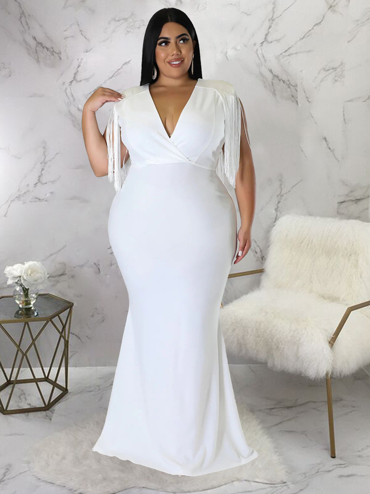 Robe de soirée élégante pour femme, grande taille, sexy, col en V, frange, fibre haute, cocktail, longue, tenues de Rh, 4XL, nouveau