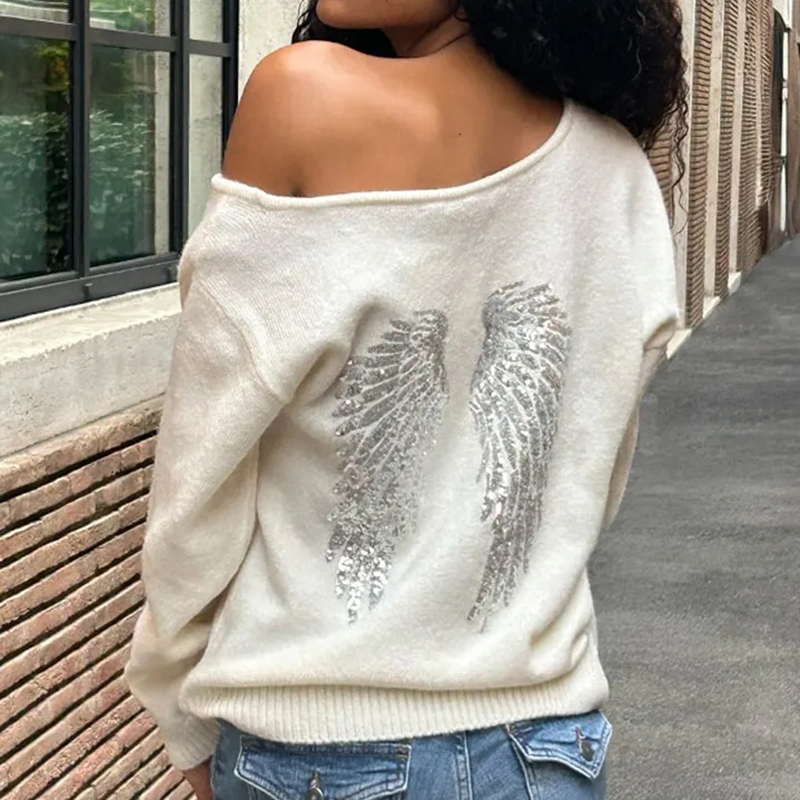 Pull à sequins pour femmes, à manches longues et épaules dénudées, coupe ample, en tricot doux, chemisier chic et décontracté pour les soirées et la rue, haut tricoté pour femmes.