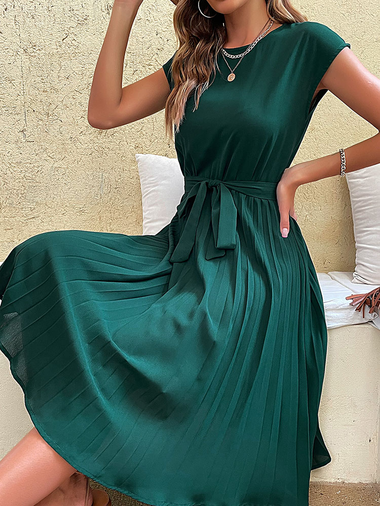 Robe de plage mi-longue plissée à manches courtes pour femmes, élégante, décontractée, couleur unie, col rond, tunique, mode, été