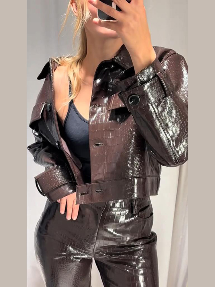 Ensemble pantalon en cuir pour femmes, Chic, simple boutonnage, vestes à manches longues, taille élastique, pantalon droit, costume, tenues pour dames, 2025
