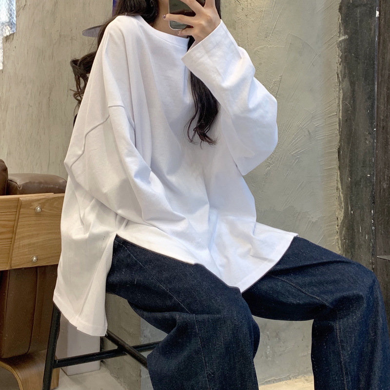 Harajuku T-shirt Long printemps automne solide Simple surdimensionné T-shirt pour femmes Goth T-shirts fendu blanc noir à manches longues hauts
