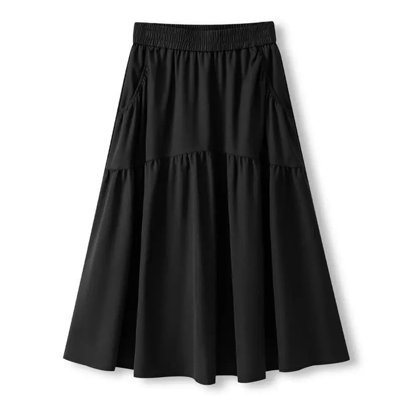 Jupe midi trapèze taille haute tendance pour femme, jupe mi-longue d'été amincissante haut de gamme avec détail poche en fibre de polyester