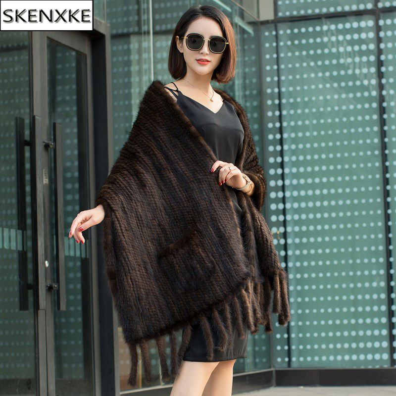 Long Style femmes tricoté réel vison fourrure Pashmina foulards hiver réel naturel vison fourrure écharpe dame 100% naturel réel vison fourrure châle