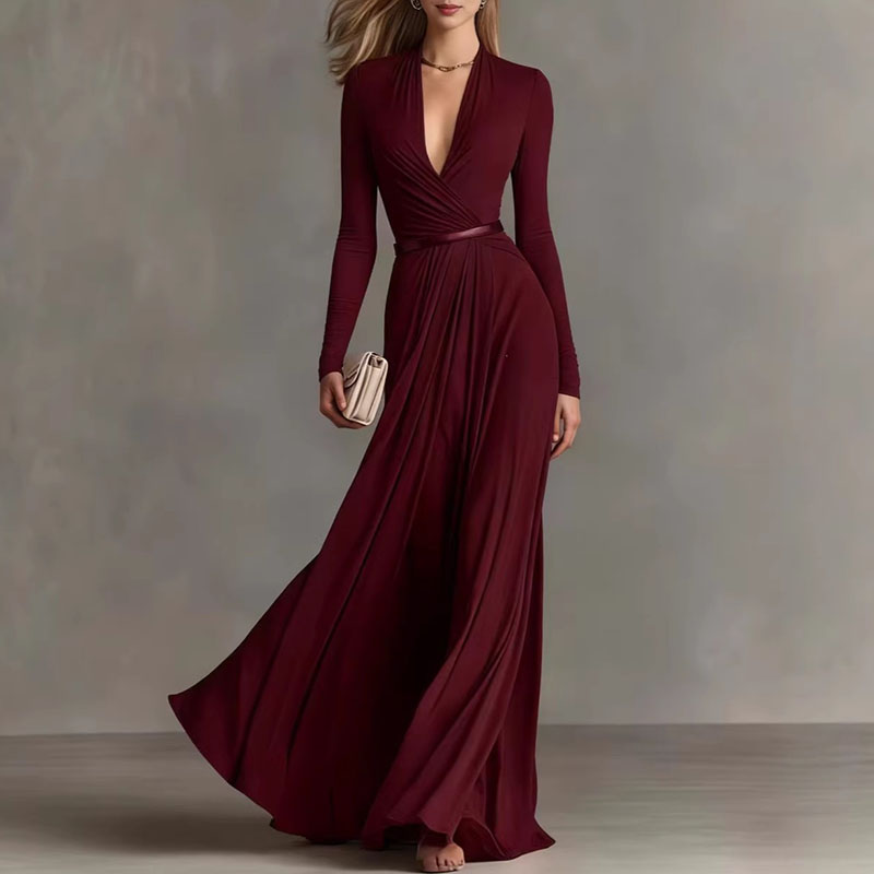 Robes pour femme, robe maxi sexy à col en V profond, taille haute, manches longues, robe élégante unie et fluide, robes de soirée, robe bohème d'été, Mujer
