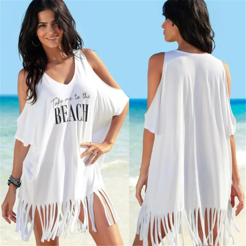 Été plage Bikini couvrir femmes blanc épaules dénudées Kafan Sarong hauts amples décontracté chemise à franges maillots de bain maillots de bain