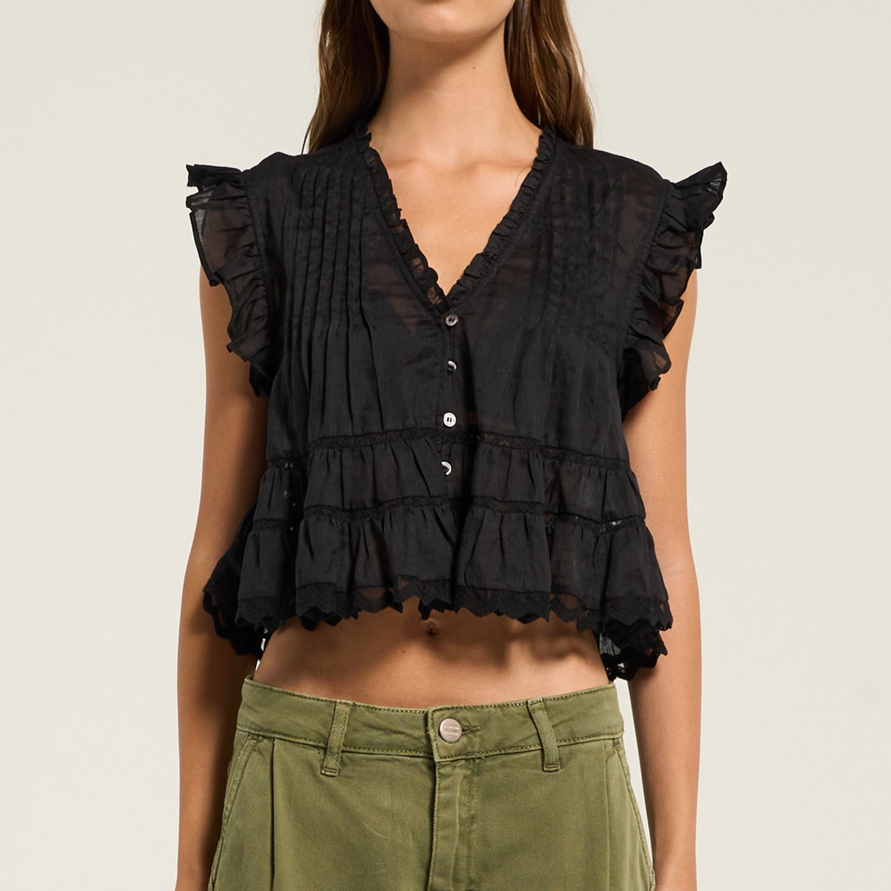 Chemisier Femme à Col V et Manches Volantées avec Dentelle, Boutons sur le Devant, Top Court Transparent Brodé à Motifs, Chemise Décontractée d'Été Style Streetwear