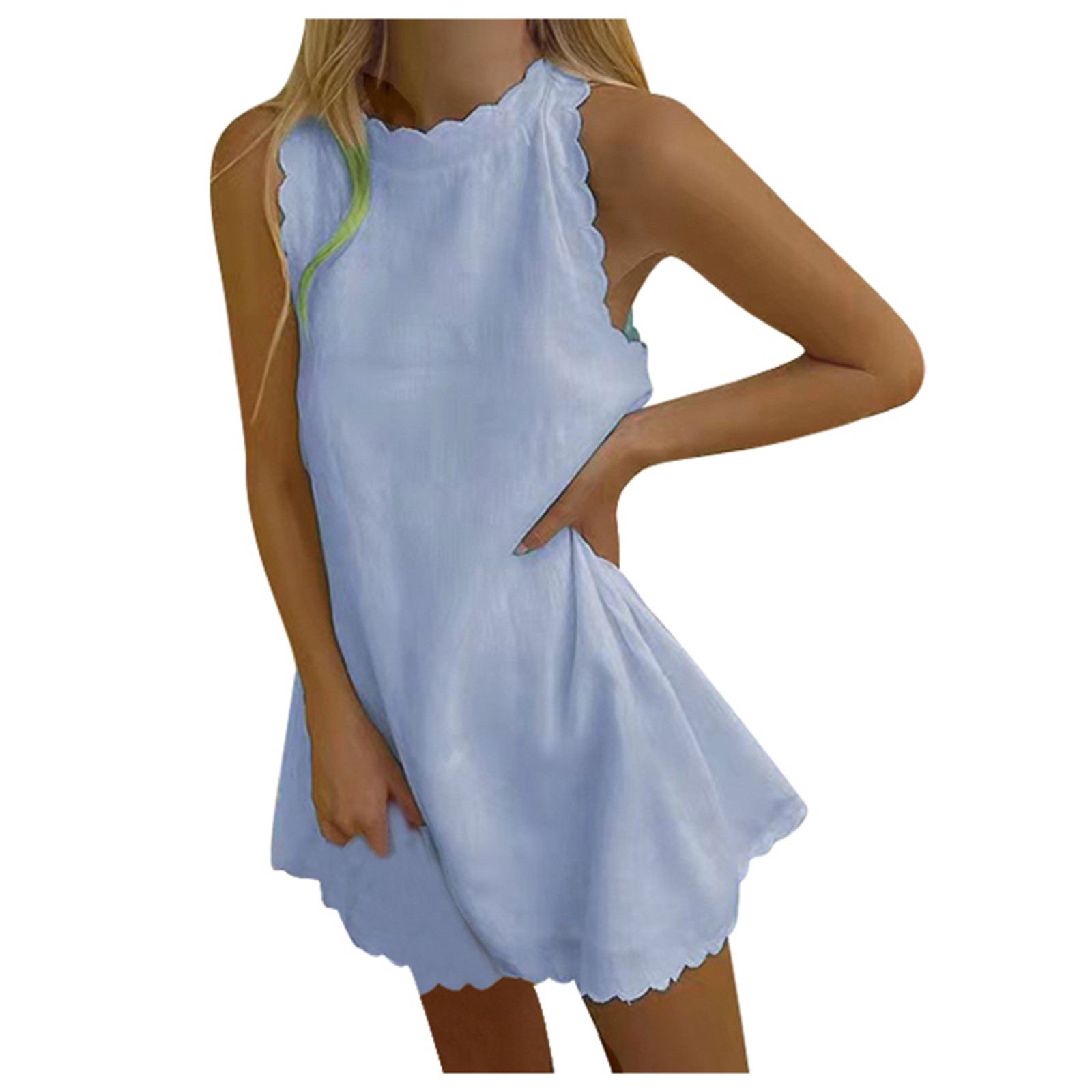Robe Courte en Coton et Lin pour Femme, Couleur Unie, Sans Manches, à Volants, Robe d'Été Décontractée, Col Rond, Coupe Ample, Robe de Plage, Vestidos Mujer