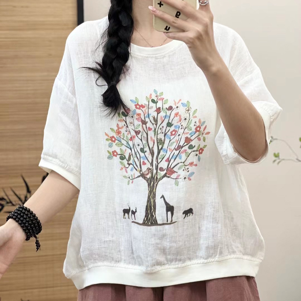 Chemise à manches courtes pour femmes, style japonais, vintage, coton, lin, imprimé d'arbre, t-shirt, grande taille, médicaments, chic, chemisier femme, ample