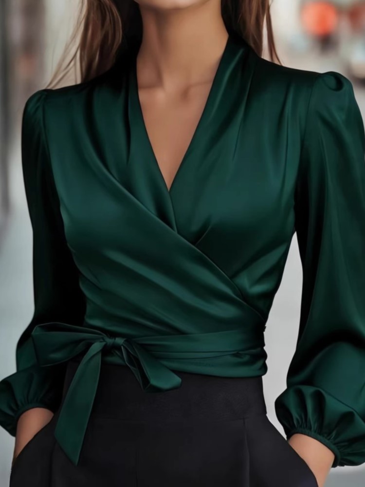 Élégant solide chemise pour les femmes mode à manches longues col en V à lacets pull dessus de chemise dame décontracté vacances bureau vêtements printemps