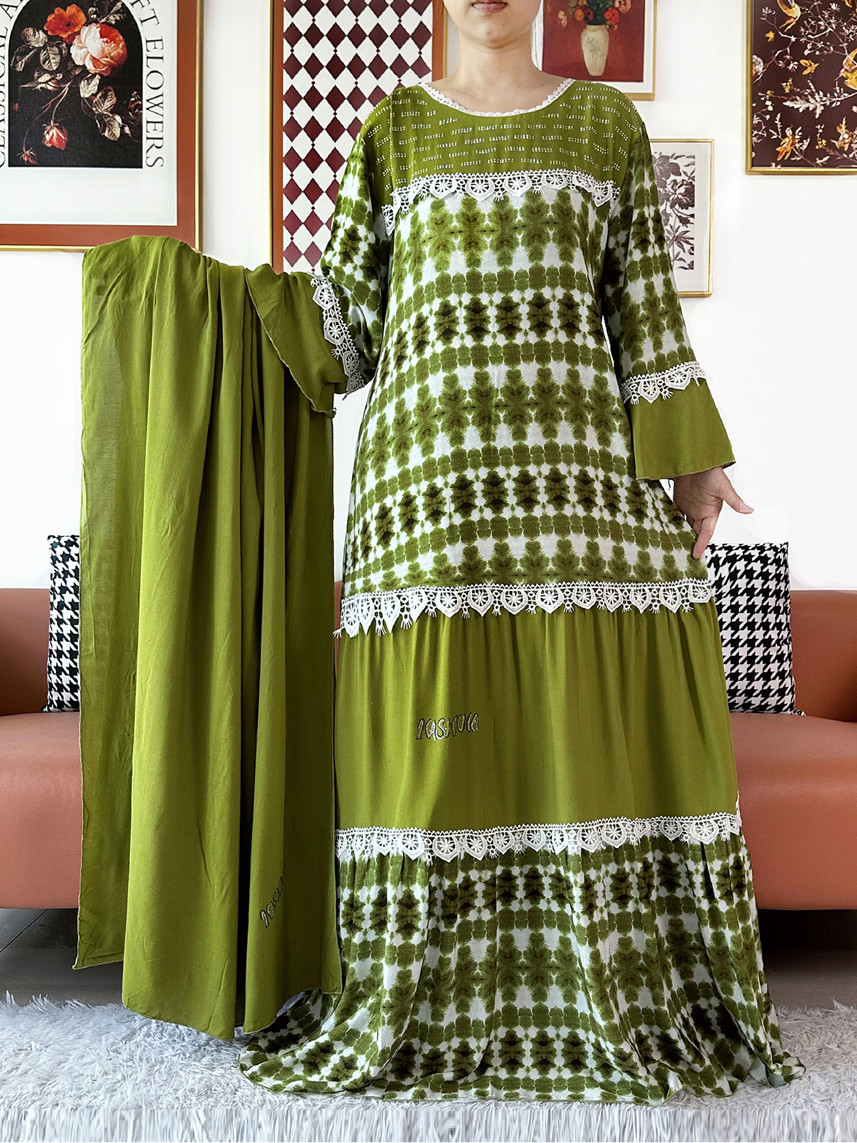 Abaya de fête pour femme de haute qualité, en coton à motif floral ondulé, style Boubou africain, Kaftan ample musulman, Robe longue avec grands châles