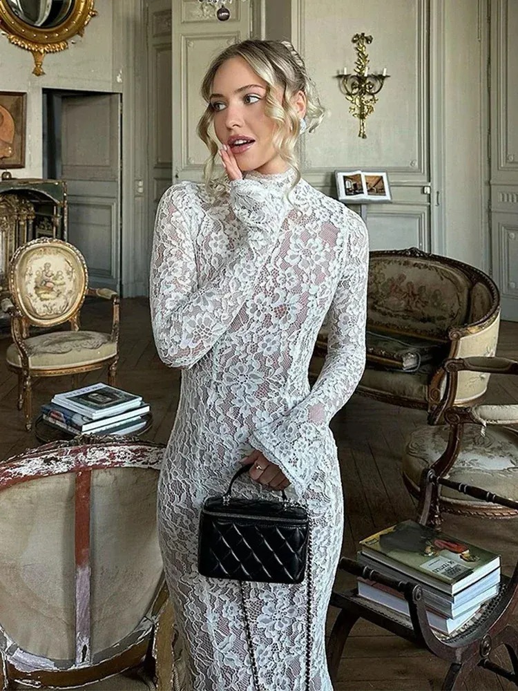 Robe midi élégante en dentelle blanche pour femme, col roulé, manches longues, froncée, moulante, pour soirée, cocktail, hiver, automne