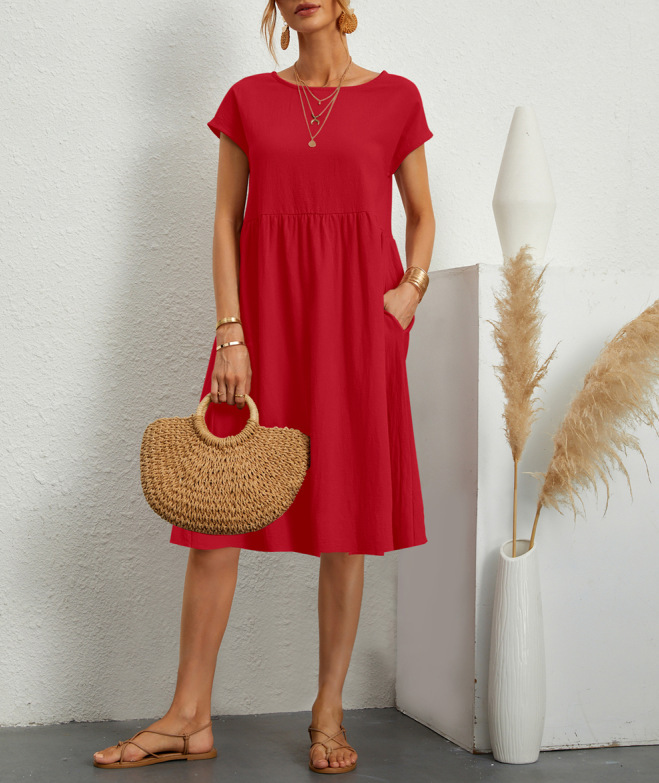 Robe en coton et lin pour femmes, tenue d'été décontractée avec poches d'épissure, vêtements féminins à la mode, manches courtes, ample, mi-longue