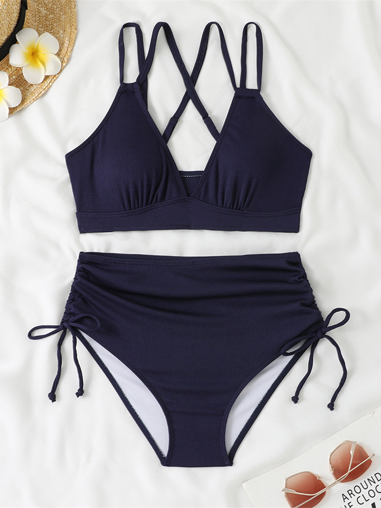 Maillot de bain deux pièces pour femme noir à double bretelle, push-up, plissé, avec cordon de serrage latéral, taille haute, bikini 2026, tenue de plage