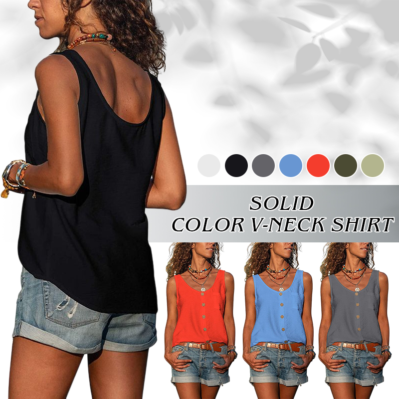 T-shirt de vacances en mousseline de soie pour femme, débardeur ample, boutons, décontracté, sans manches, Base, col en v, été