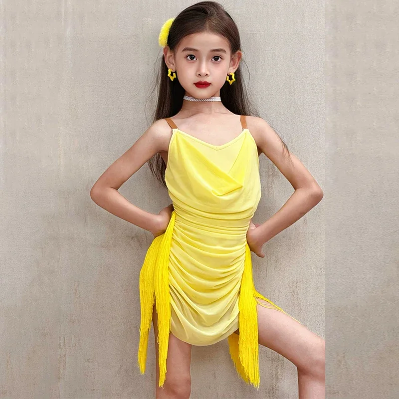 Robe de danse latine pour enfants, col licou, Costume pour filles, Chacha Samba Rumba, jupe à franges, vêtements de danse pour spectacle sur scène