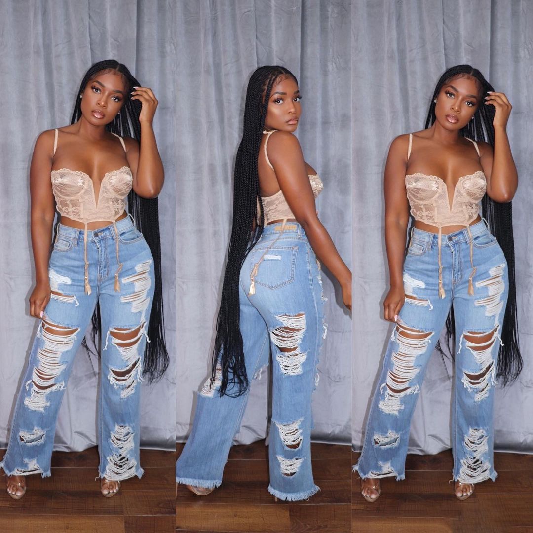 Jean femme pantalon Long élégant épissure Denim pantalon coupe ajustée Sexy trou taille haute bouton poche pantalon droit été 2024