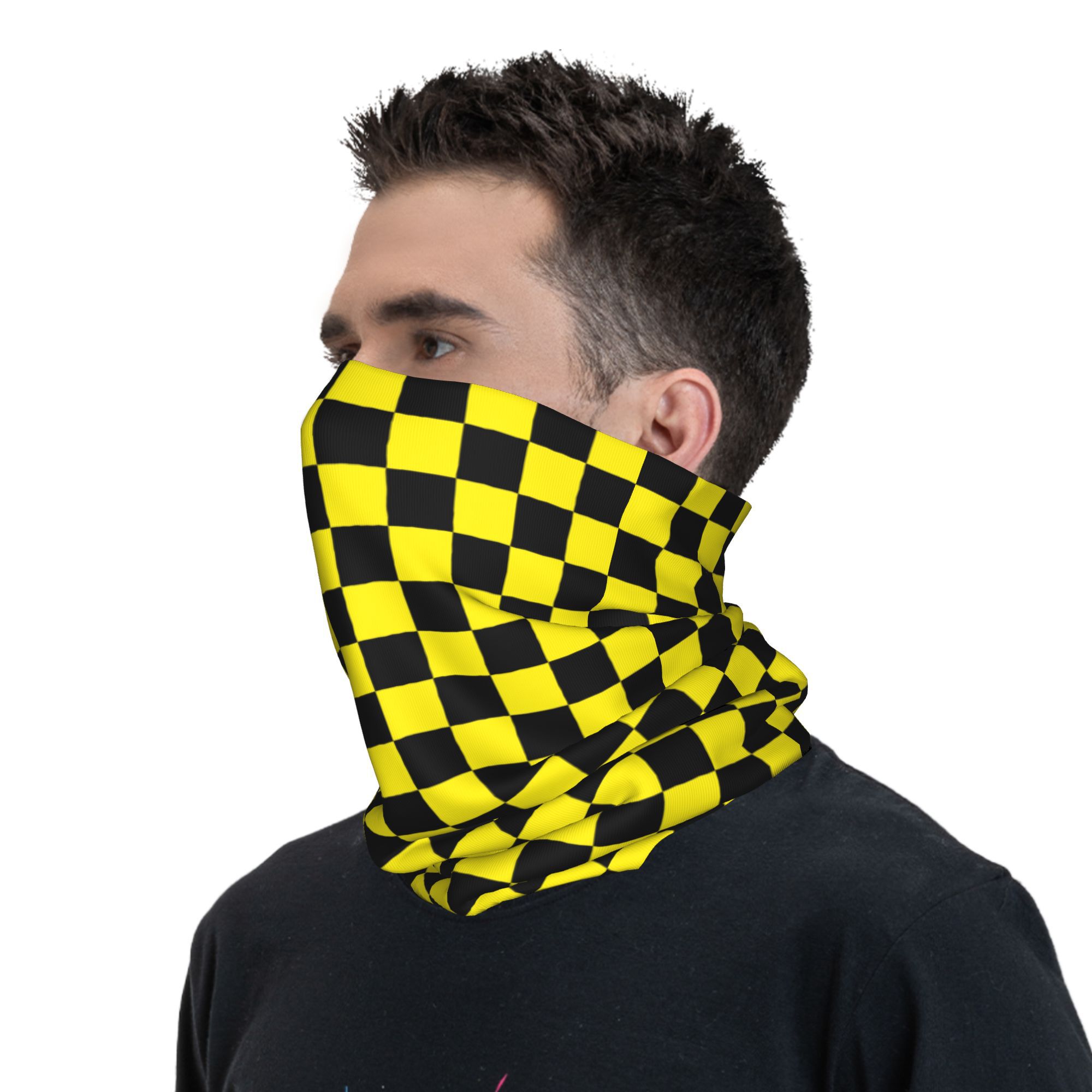Cache-cou Bandana à carreaux noir jaune personnalisé, pour randonnée Camping hommes et femmes, écharpe enveloppante, bandeau à carreaux plus chaud