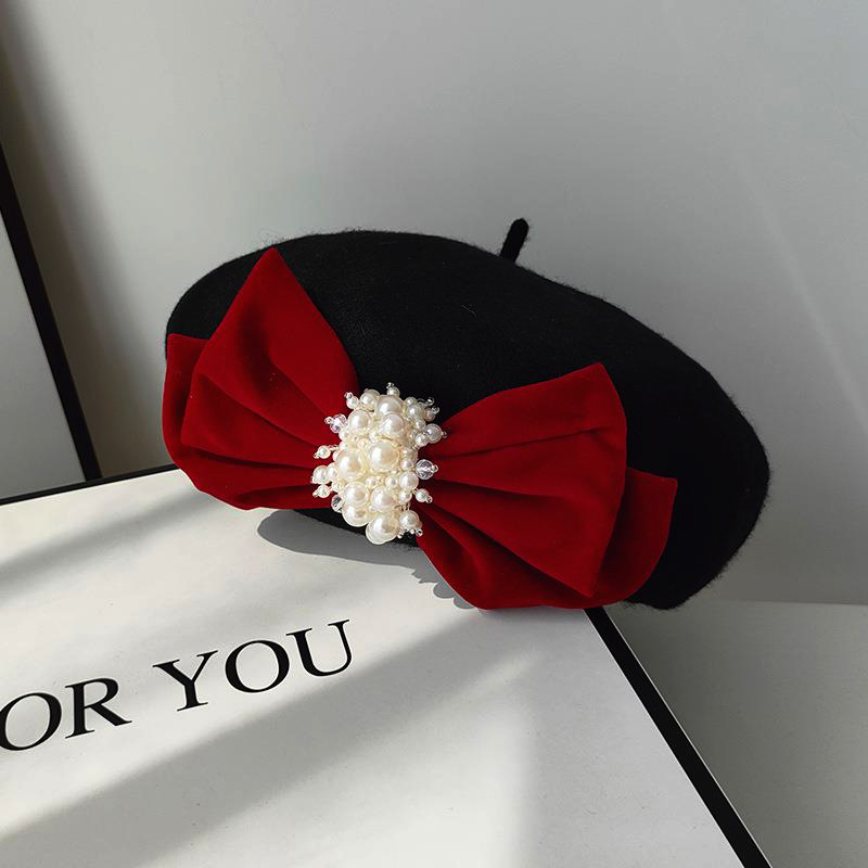 Casquette de peintre en laine noire pour femmes, grand nœud en velours, élégant, à la mode, béret d'artiste doux, automne hiver