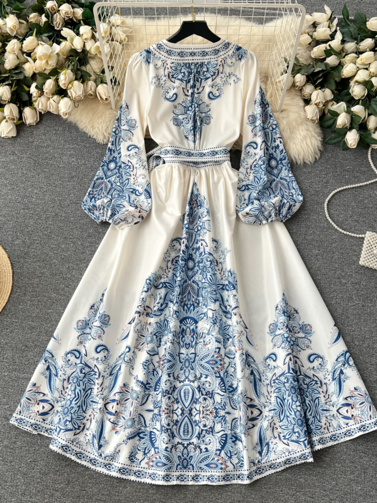 Robe Longue Bleue Élégante pour Femme, Style Court, Imprimé, Sexy, Col en V, Lanterne, Manches sulf, Français, Taille Haute, Bandage