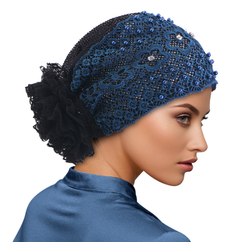 Casquette Turban en dentelle brodée de perles pour femmes, couvre-tête respirant, couvre-chef islamique, Bonnet Turbante Mejur