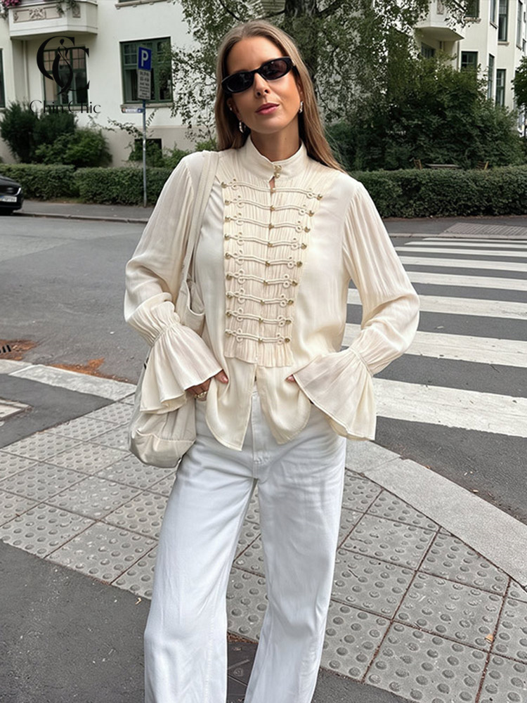Chemisier gothique vintage pour femme, boutons en métal doré, chemise évasée à volants, manches longues, chemise en mousseline, haut ample
