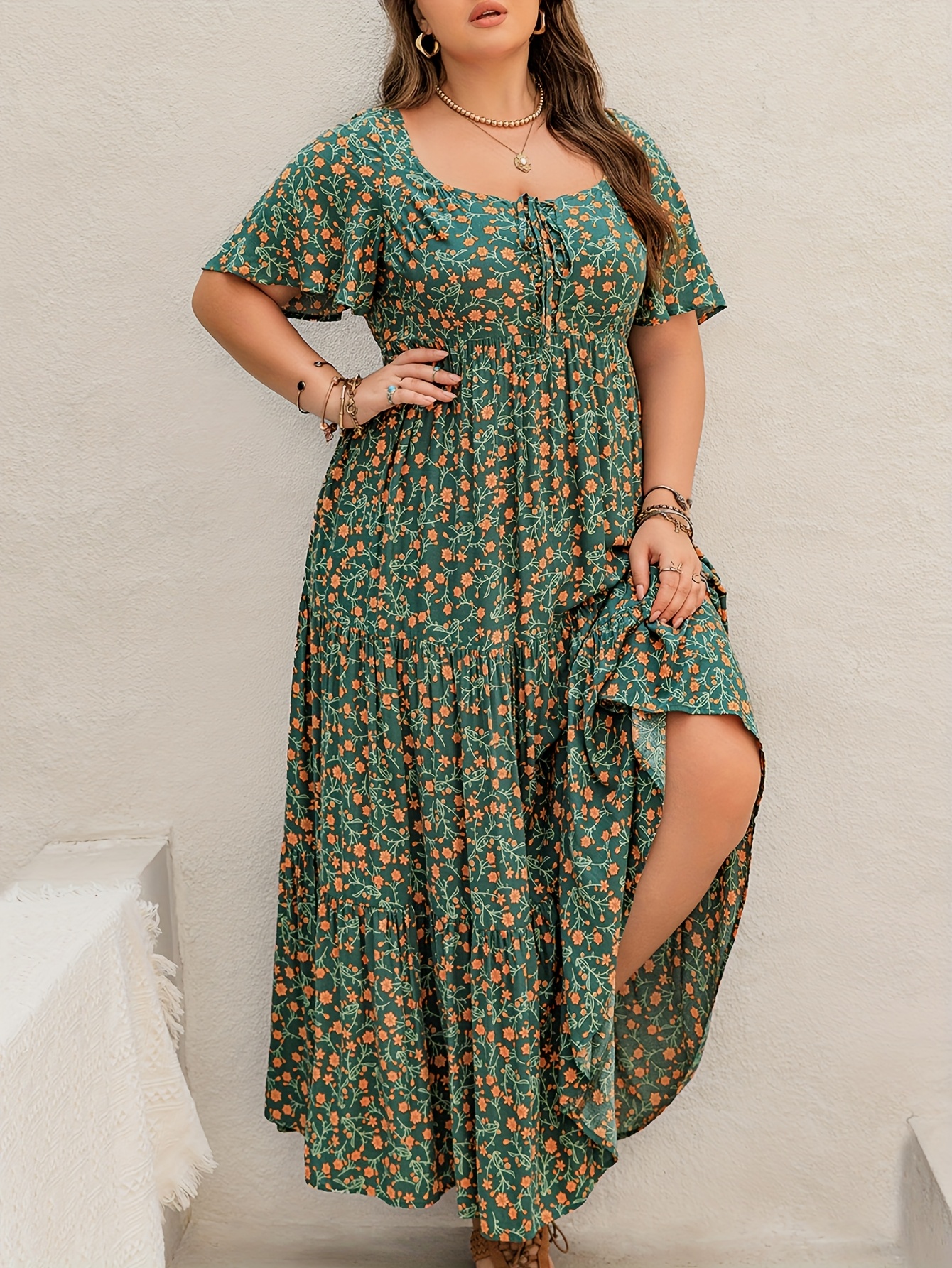 Robe longue bohème grande taille pour femme, col français, imprimé ajustable à nouer, style chic bohème