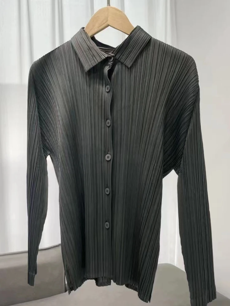 Chemise à manches longues à revers plissé pour femmes, chemise polyvalente décontractée Ata Yake, grande taille, cardigan, automne, nouveau, 2024