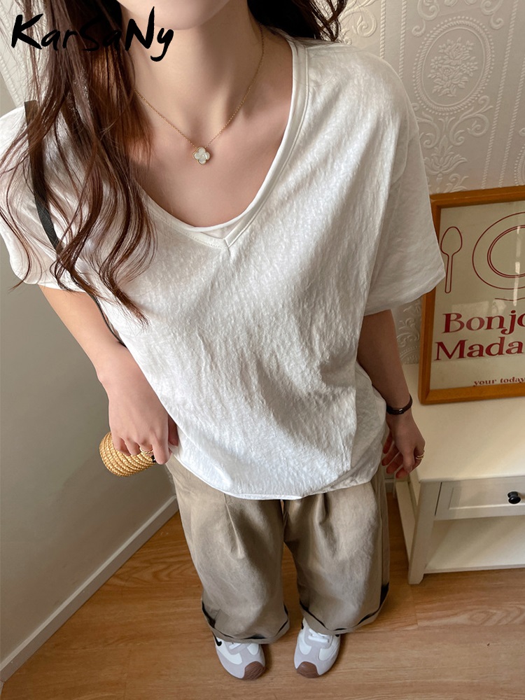 T-shirts amples en coton pour femmes, hauts d'été surdimensionnés, basique, col en V, manches courtes, blanc, noir, coton et lin, bureau pour dames