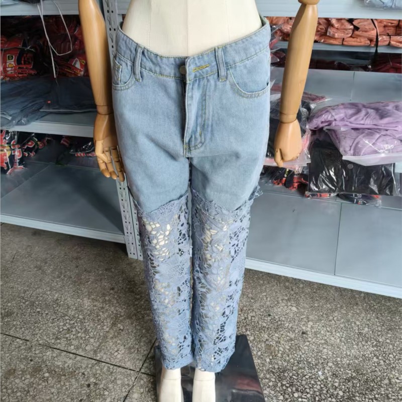Jean élégant en dentelle pour femmes, taille haute, Patchwork, ajouré, surdimensionné, décontracté, ample, assorti avec tout, printemps