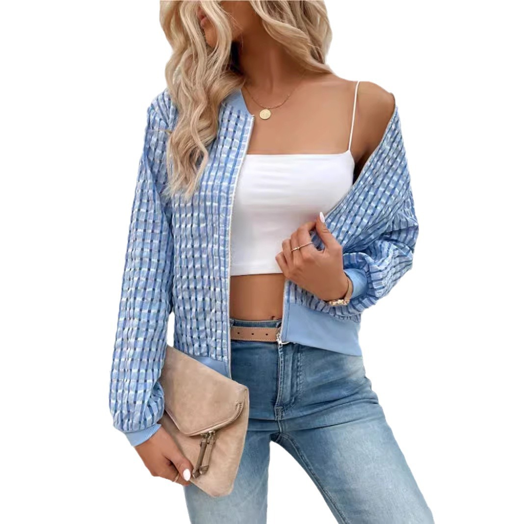 Manteau fin blanc pour femme, manches longues, fermeture éclair, grille décorative, col rond, cardigan décontracté pour femme, veste imprimée, automne, nouveau, 2024