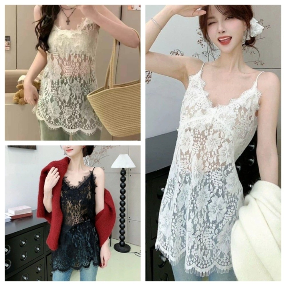 Élégante tenue de plage : Ensemble jupe et caraco en dentelle, style décontracté d'été, avec bordure en dentelle, col en V doux, haut sans manches pour femmes/filles