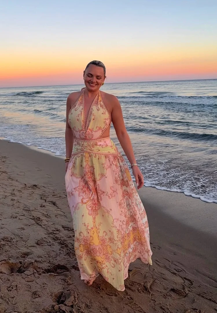 Robe longue sans manches à imprimé floral pour femme, sexy, dos nu, col en V, cintrée à la taille, tenue d'été quotidienne ou de vacances