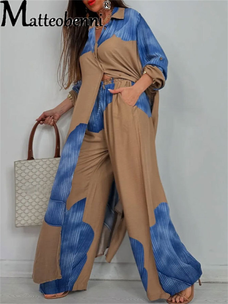Femmes automne mode décontracté couleur bloquée chemise ample haut et pantalon deux pièces ensemble confortable pantalon droit femmes costumes 2025