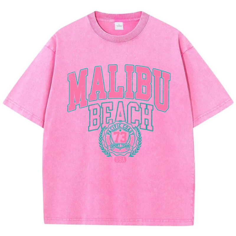 T-shirt Malibu Beach délavé, imprimé lettres, en coton, confortable, col rond, décontracté, surdimensionné, vêtements vintage