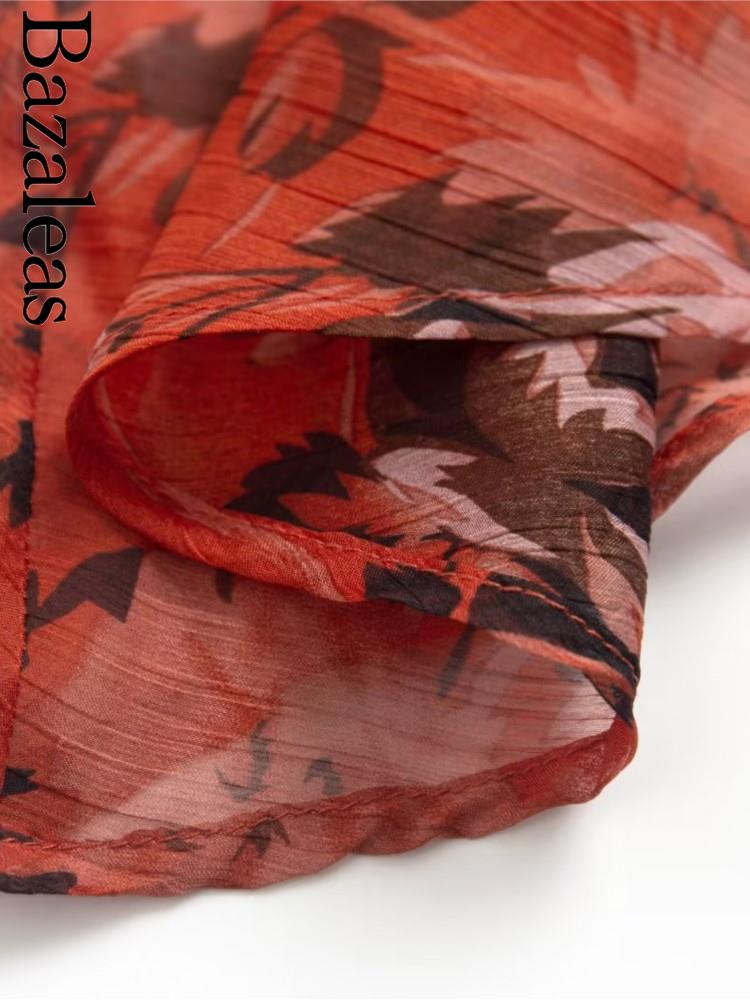 Bazaleas-Robe mi-longue à volants en mousseline de soie pour femmes, manches cape, imprimé floral rouge, vêtements d'été élégants, 2021