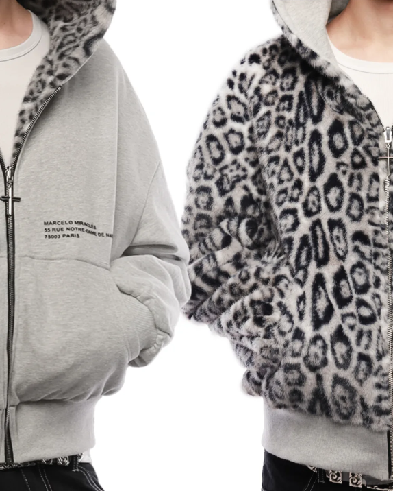 Sweat-shirt à capuche zippé rétro imprimé léopard double face, coupe ample, tendance streetwear punk décontracté, pour hommes et femmes