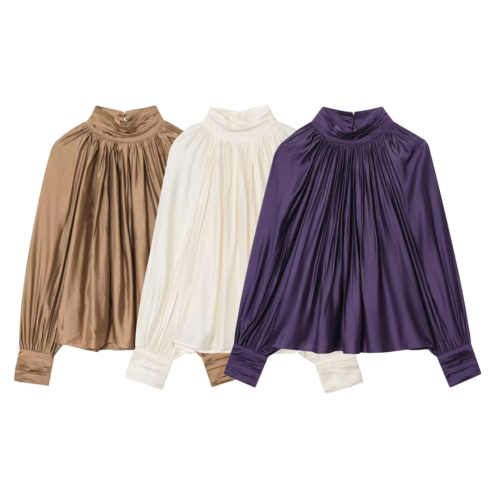 Nouveautés printemps : haut plissé à manches longues, col montant, style minimaliste, avec empiècements aux épaules, pour femme