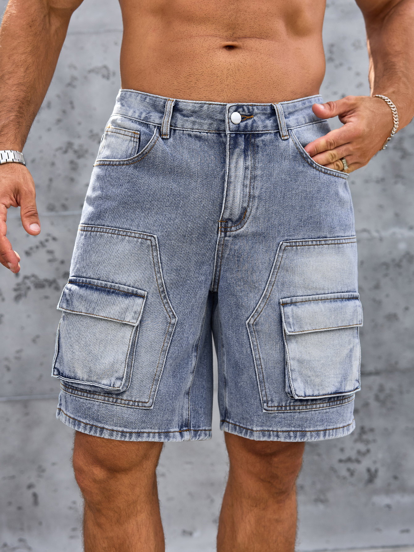 Shorts en jean pour homme, coupe slim, extensible, vintage, bleu, style workwear