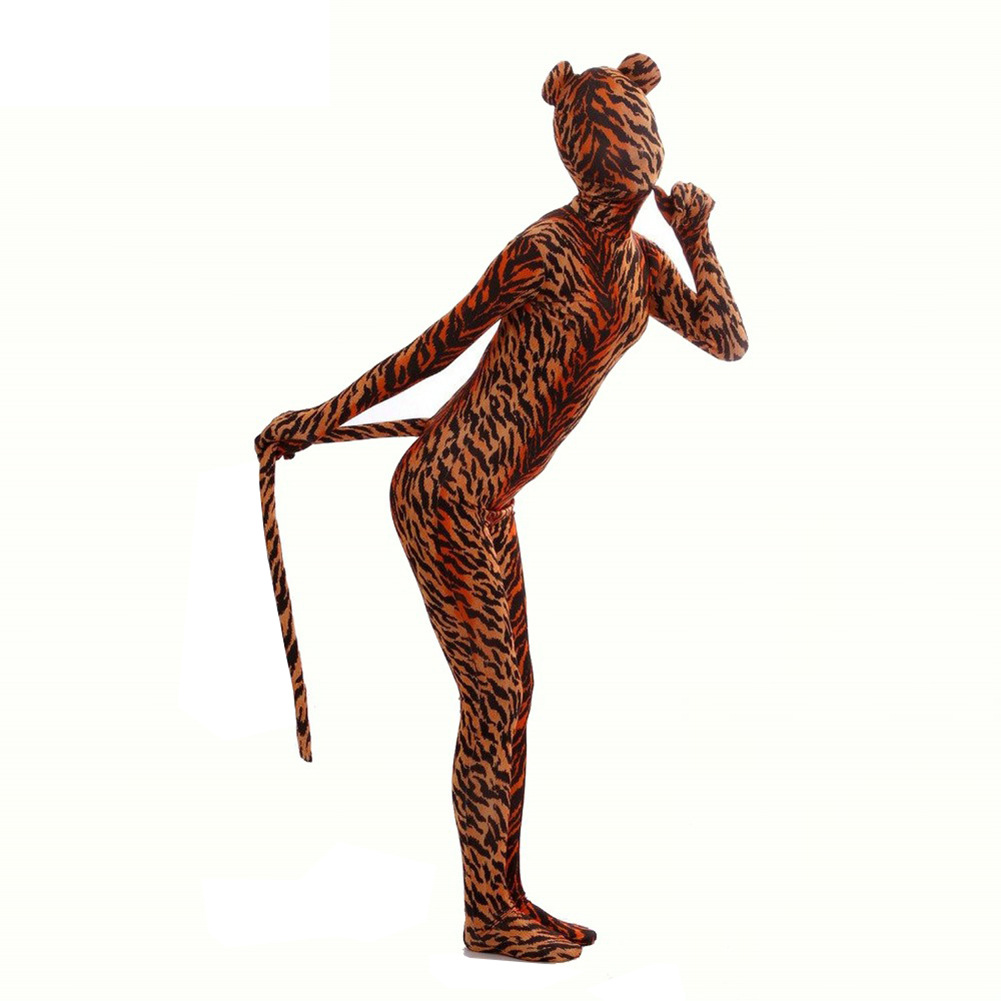 Costumes d'animaux pour adultes, Costume Zentai complet imprimé, zèbre, tigre, léopard, Costume de Cosplay en Nylon, tenue de carnaval d'halloween