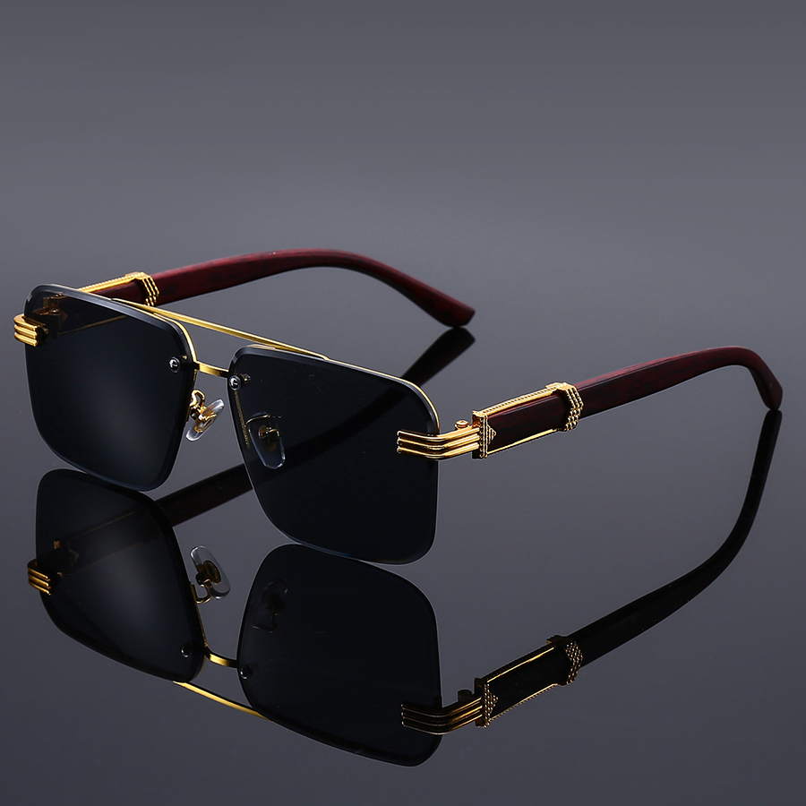 Lunettes de soleil carrées sans monture de luxe pour hommes – Monture dorée avec branches couleur bois, lunettes rétro style business et streetwear pour les passionnés de mode