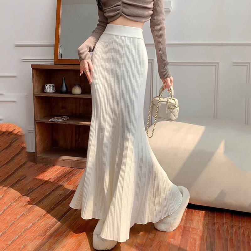 Jupe longue en tricot enveloppé de hanches pour femmes, Sexy, élégante, élastique, taille haute, style sirène, plissée, ligne A, jupe mi-longue pour dames