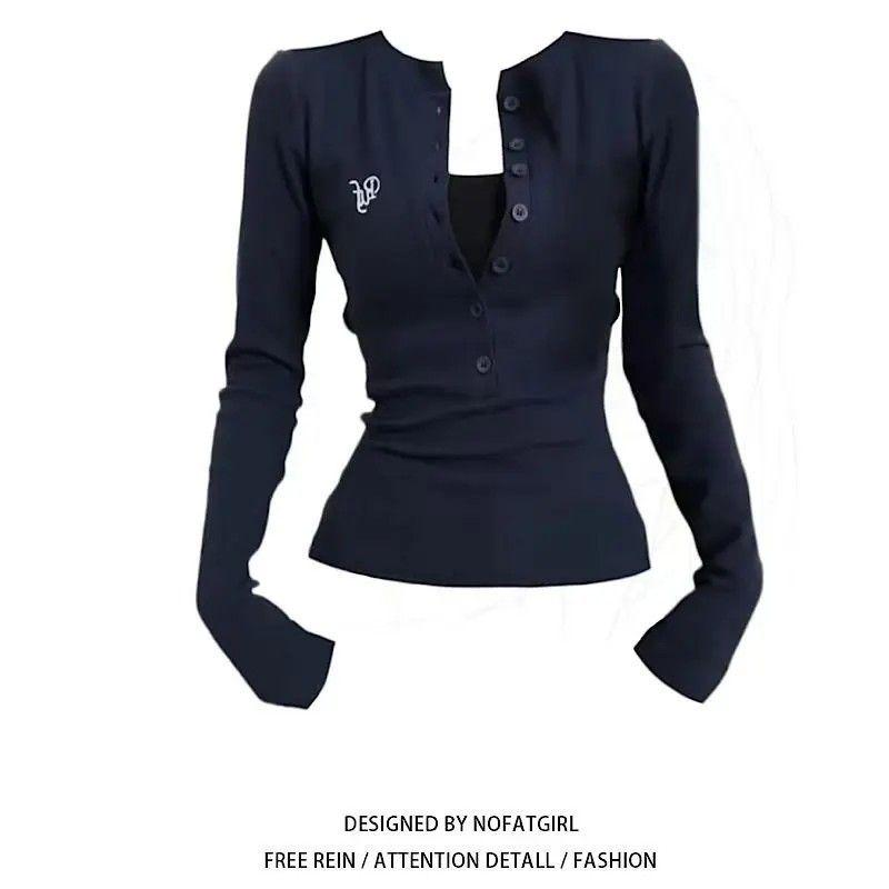 T-shirt pour femme style américain, col semi-ouvert, coupe ajustée, manches longues, décontracté, pour le printemps et l'automne, à porter en dessous ou comme haut.